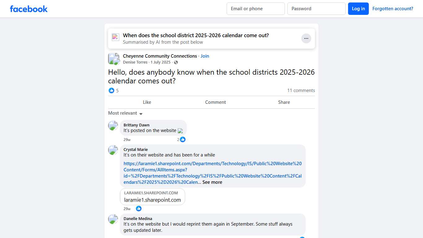 Cheyenne Community Connections Hello, does anybody know when the school districts 2025-2026 calendar comes out Facebook